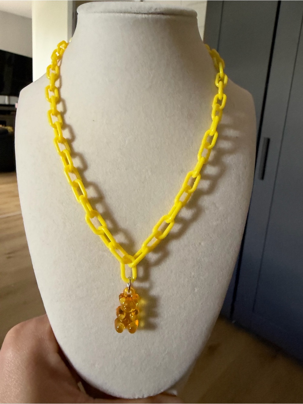 Yellow Resin Chain Necklace with Amber Gummy Bear Charm